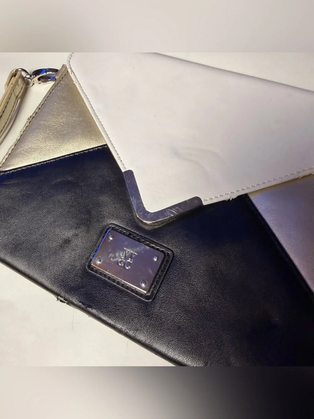 New York & Company Colorblock Envelope Wristlet Clutch Black White Gold